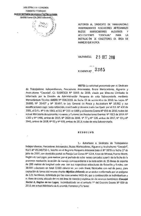 Res. Ex. N° 3365-2019, autoriza al Sindicato de trabajadores independientes pescadores artesanales buzos mariscadores algueros y acuicultores "Cascajal" para la instalación de colectores en área de manejo que indica.