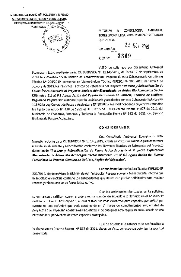 Res. Ex. N° 3369-2019, autoriza a consultoría ambiental ECONETWORK LTDA. para realizar actividad que indica (Publicado en Página Web 25-10-2019).