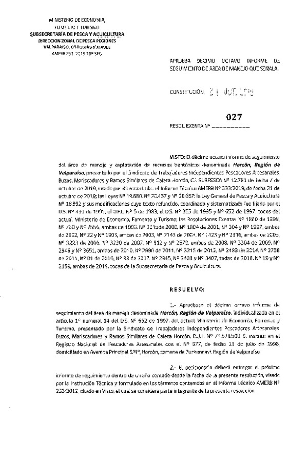 Res. Ex. N° 27-2019 (DZP Valparaíso, O'Higgins y Maule) 18° Seguimiento.