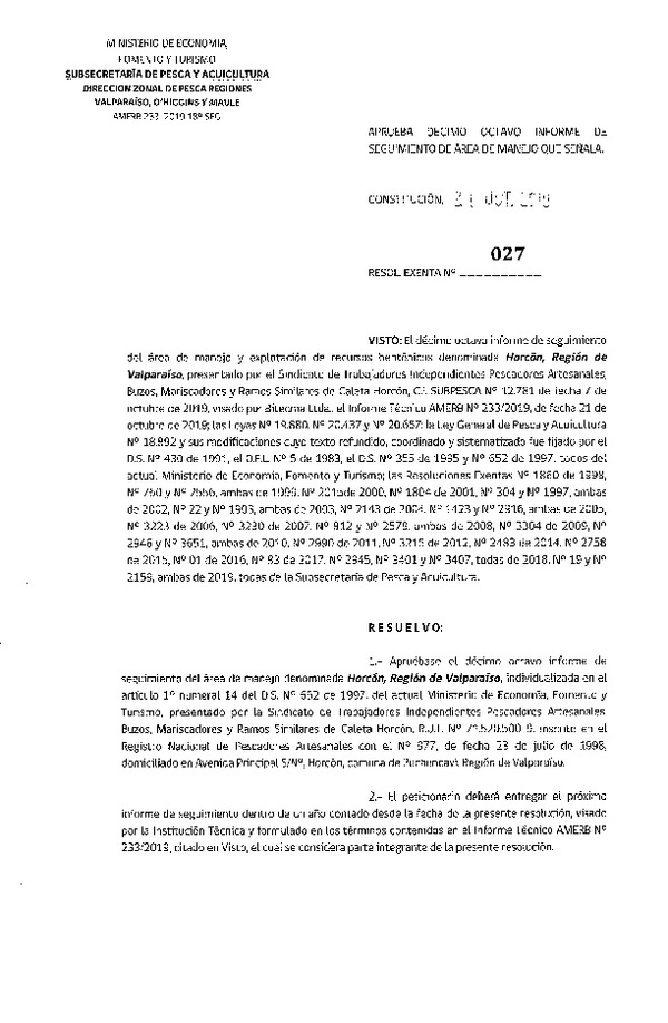 Res. Ex. N° 27-2019 (DZP Valparaíso, O'Higgins y Maule) 18° Seguimiento.