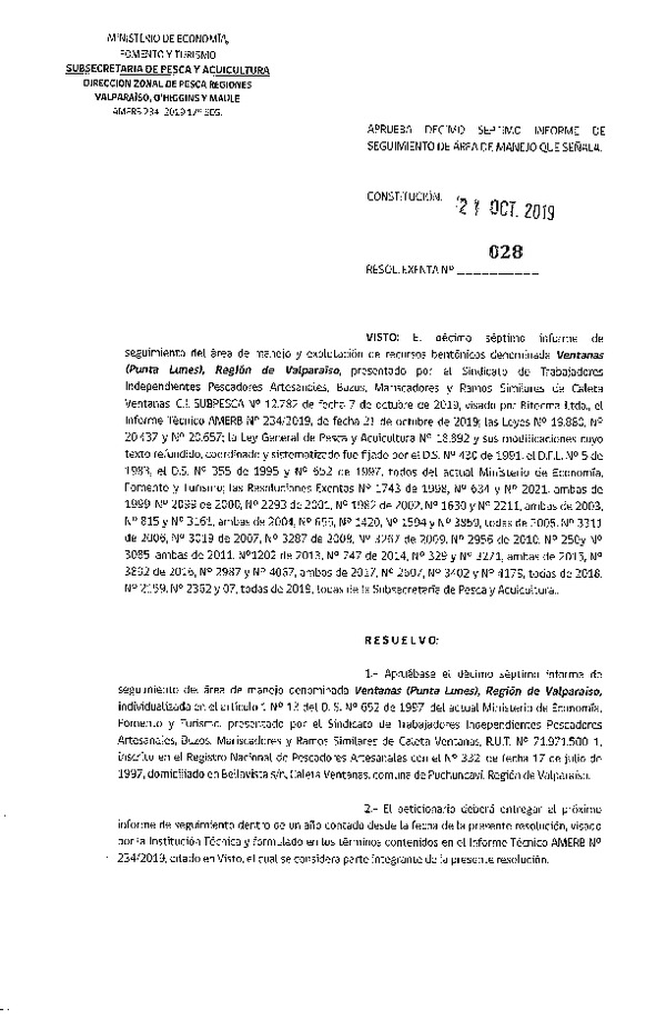 Res. Ex. N° 28-2019 (DZP Valparaíso, O'Higgins y Maule) 17° Seguimiento.