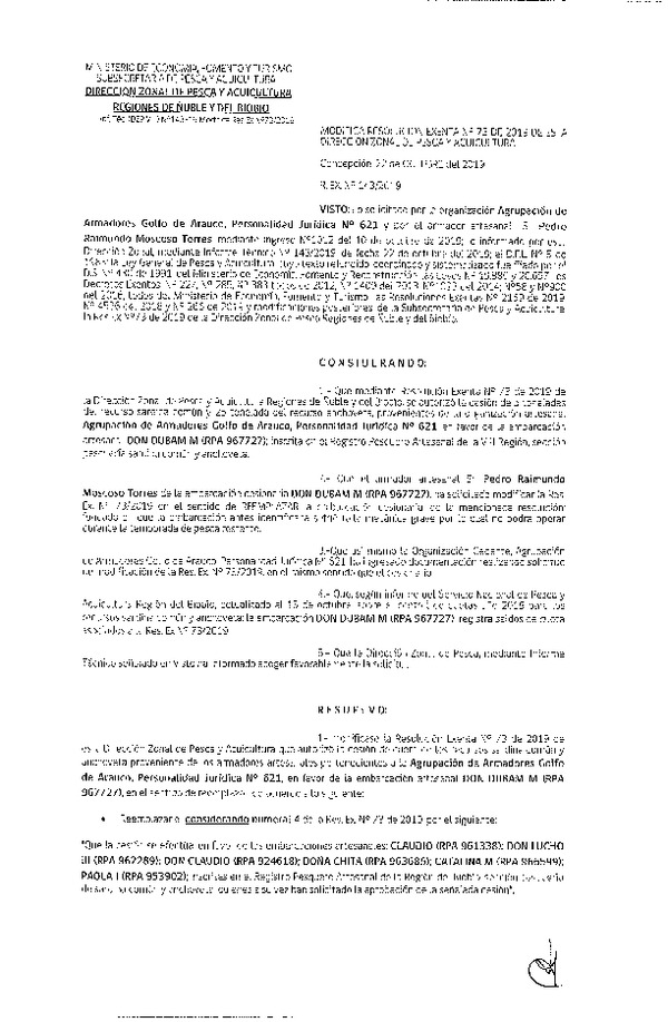 Res Ex. N° 143-2019 Modifica Res. Ex. N° 73-2019 (DZP VIII) Autoriza cesión Anchoveta y sardina común Regiones de Ñuble y del Biobío.