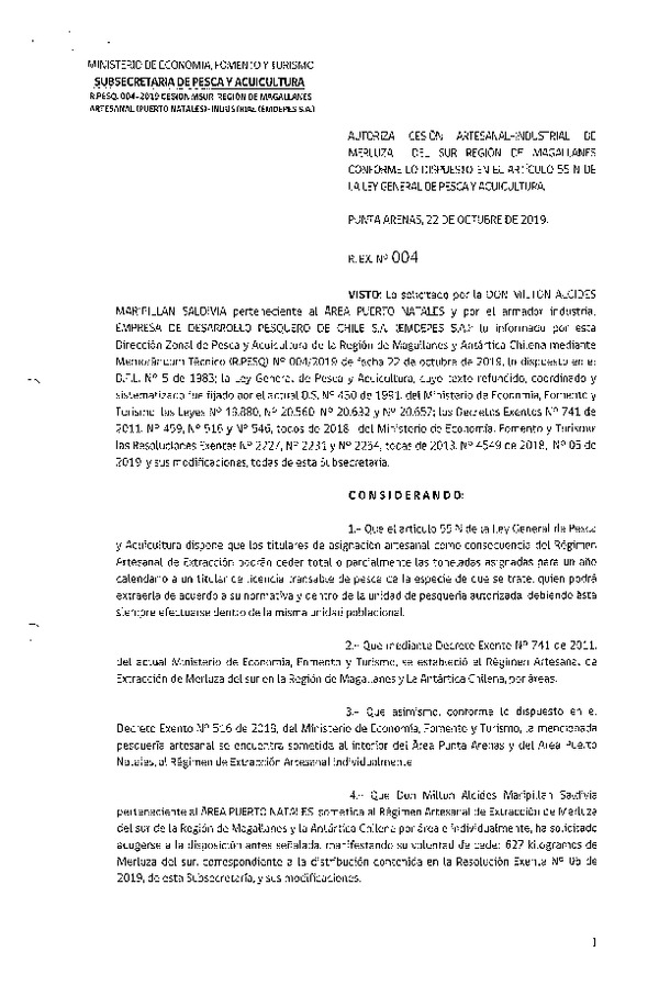 Res Ex. N° 4-2019 (DZP Región de Magallanes) Autoriza cesión Merluza del sur Región e Magallanes.