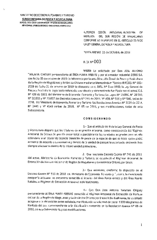 Res. Ex. N° 3-2019 (DZP Región de Magallanes) Autoriza cesión Merluza del sur.