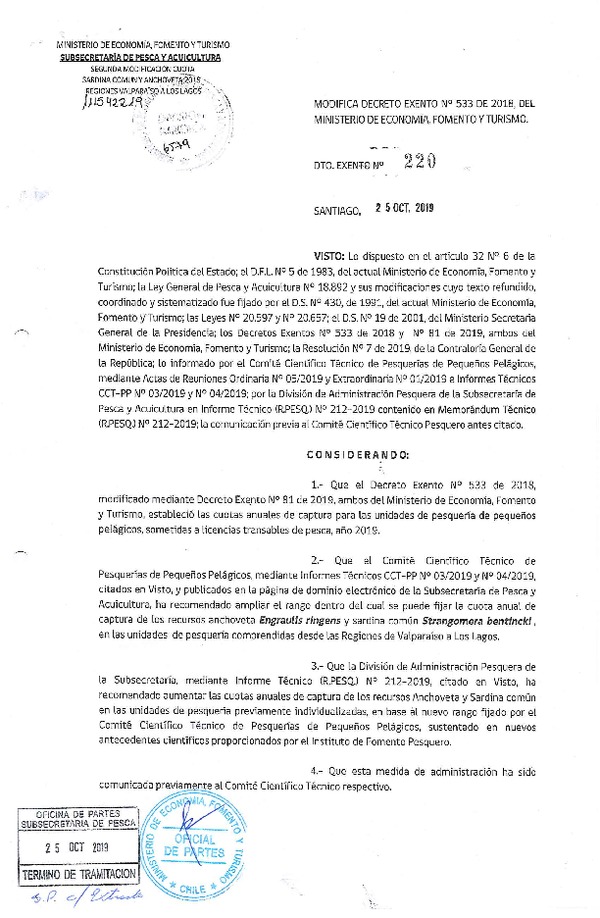 Dec. Ex. N° 220-2019 Modifica Dec. Ex. N° 533-2018 Establece Cuotas Anuales de Captura de Unidades de Pesquerías de Recursos Pelágicos Pequeños que Indica Sometidas a LTP, Año 2019. (Publicado en Página Web 28-10-2019) (F.D.O. 04-11-2019)