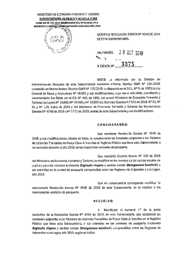 Res. Ex. N° 3375-2019 Modifica Res. Ex. N° 4549-2018 Establece Toneladas LTP Clase A y Clase B. (Publicado en Página Web 29-10-2019) (F.D.O. 07-11-2019)