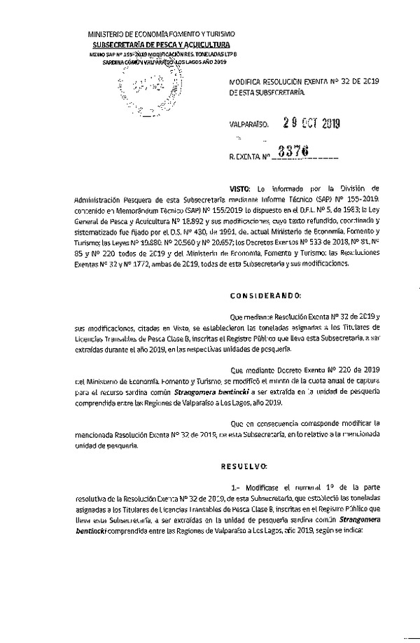 Res. Ex. N° 3376-2019 Modifica Res. Ex. N° 32-2019  Establece Toneladas LTP Clase A y Clase B. (Publicado en Página Web 29-10-2019) (F.D.O. 07-11-2019)