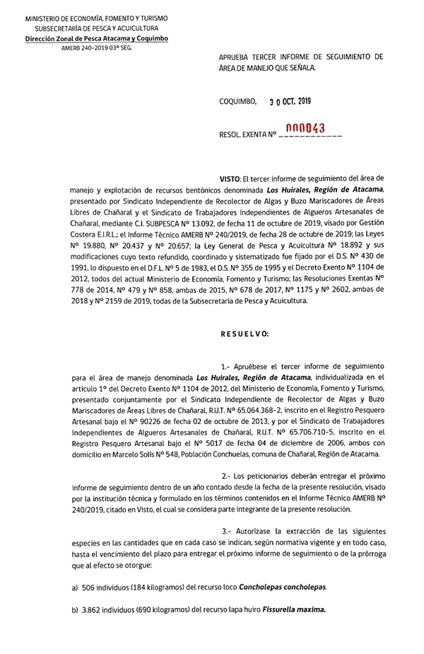 Res. Ex. N° 43-2019 (DZP Atacama y Coquimbo) 3° Seguimiento.
