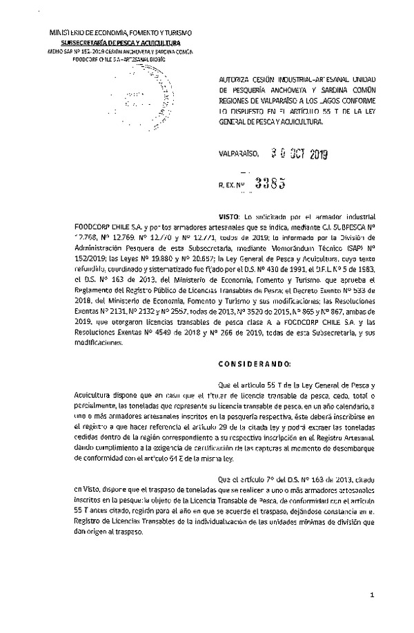 Res. Ex. N° 3385-2019 Autoriza cesión pesquería Anchoveta y sardina común, Regiones Valparaíso a Los Lagos.