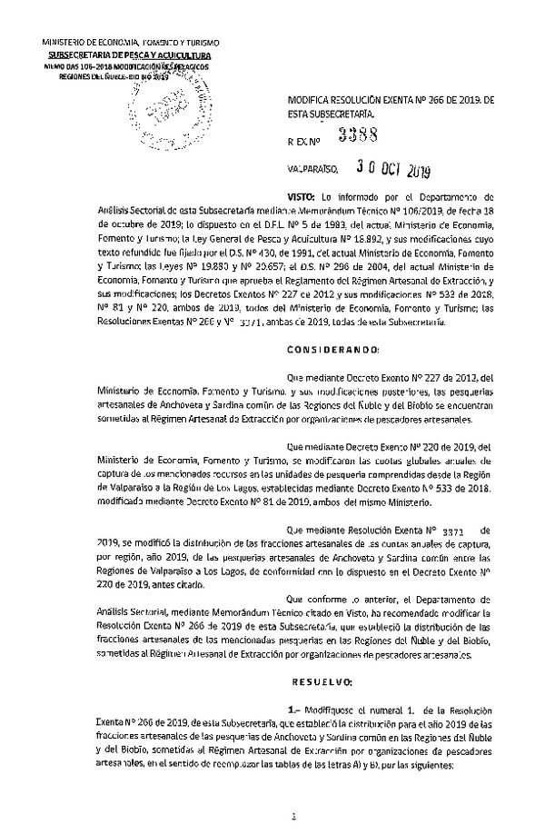 Res. Ex. N° 3388-2019 Modifica Res. Ex. N° 266-2019 Distribución de la fracción artesanal de pesquería de Anchoveta y Sardina común en las regiones del Ñuble y del Bíobío, año 2019. (Publicado en Página Web 04-11-2019) (F.D.O. 12-11-2019)