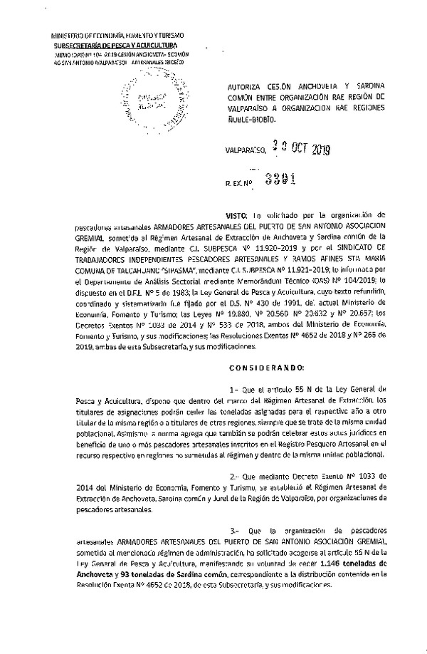 Res. Ex. N° 3391-2019 Autoriza cesión Anchoveta y sardina común Región de Valparaíso a Región de Ñuble-Biobío.