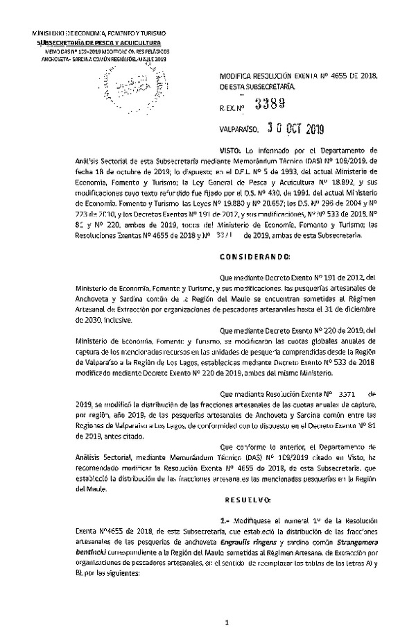 Res. Ex. N° 3389-2019 Modifica Res. Ex. N° 4655-2018 Distribución de la fracción artesanal de pesquería de Anchoveta y sardina común, Región del Maule, año 2019. (Publicado en Página Web 04-11-2019) (F.D.O. 12-11-2019)
