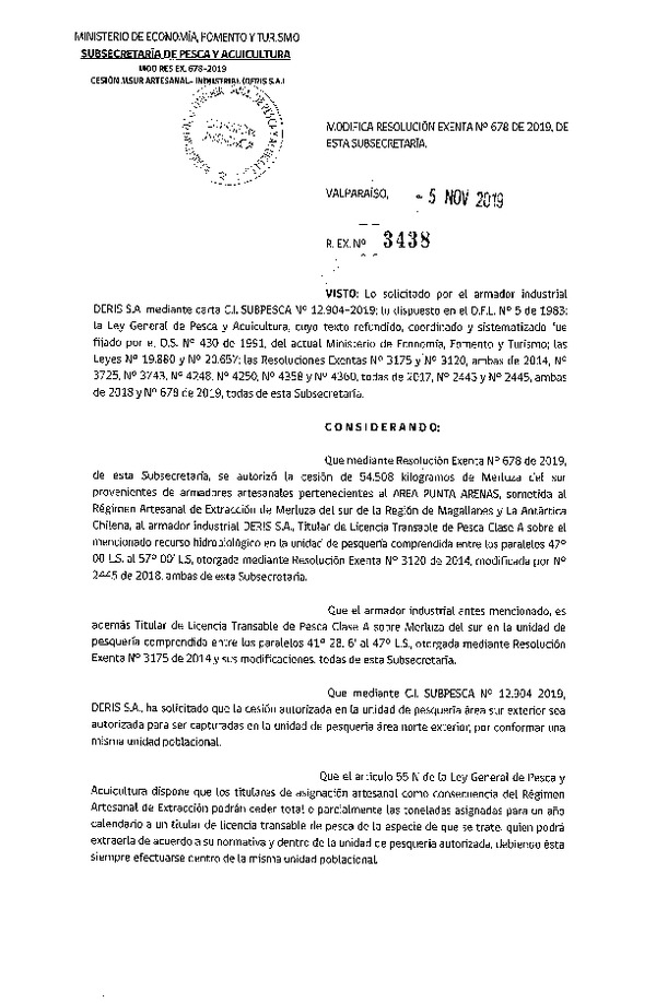 Res. Ex. N° 3438-2019 Modifica Res. Ex. N° 678-2019 Cesión Merluza del sur Región de Magallanes.
