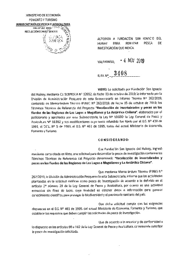 Res. Ex. N° 3408-2019 Recolección de invertebrados, Región de Los Lagos a Región de Magallanes.