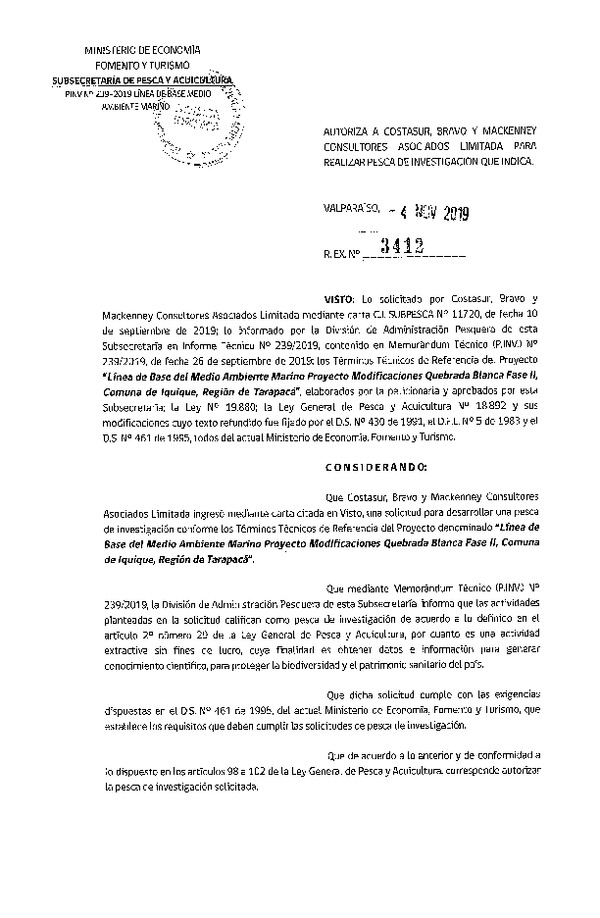 Res. Ex. N° 3412-2019 Línea de base medio ambiente marino, Región de Tarapacá.