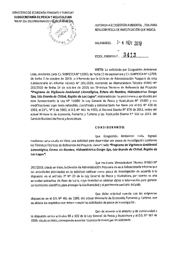 Res. Ex. N° 3413-2019 Programa de vigilancia ambiental limnológico, Región de Los Lagos.