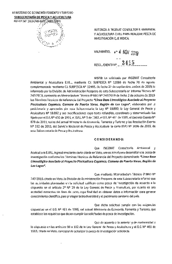 Res. Ex. N° 3415-2019 Línea de base ecosistemas marinos, Región de Los Lagos.