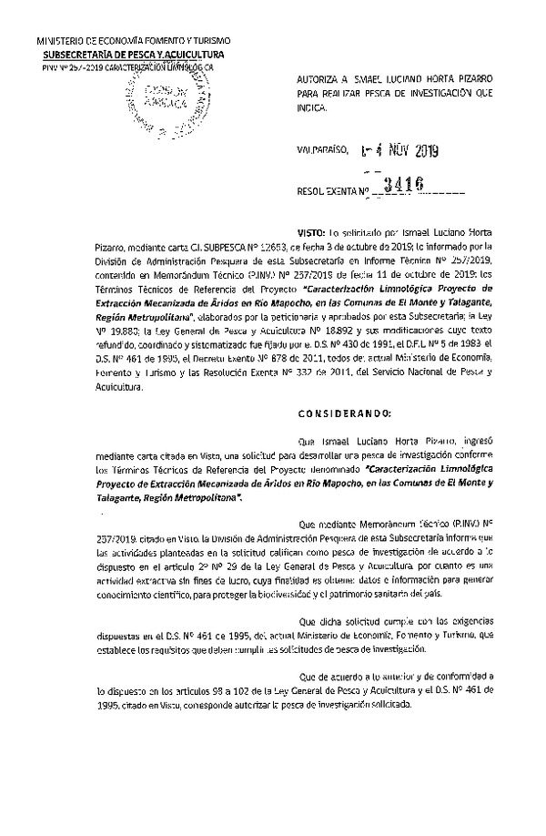 Res. Ex. N° 3416-2019 Caracterización limnológica, Región Metropolitana.