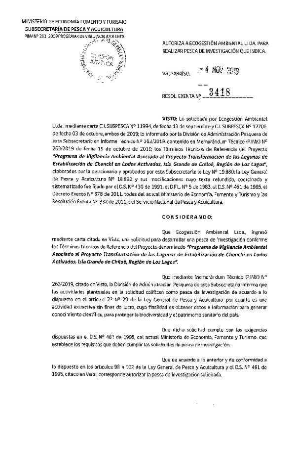 Res. Ex. N° 3418-2019 Programa de vigilancia ambiental Región de Los Lagos.