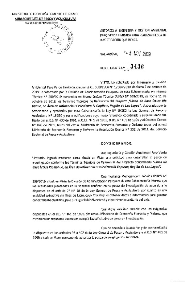 Res. Ex. N° 3436-2019 Línea de base íctica Región de Los Lagos.