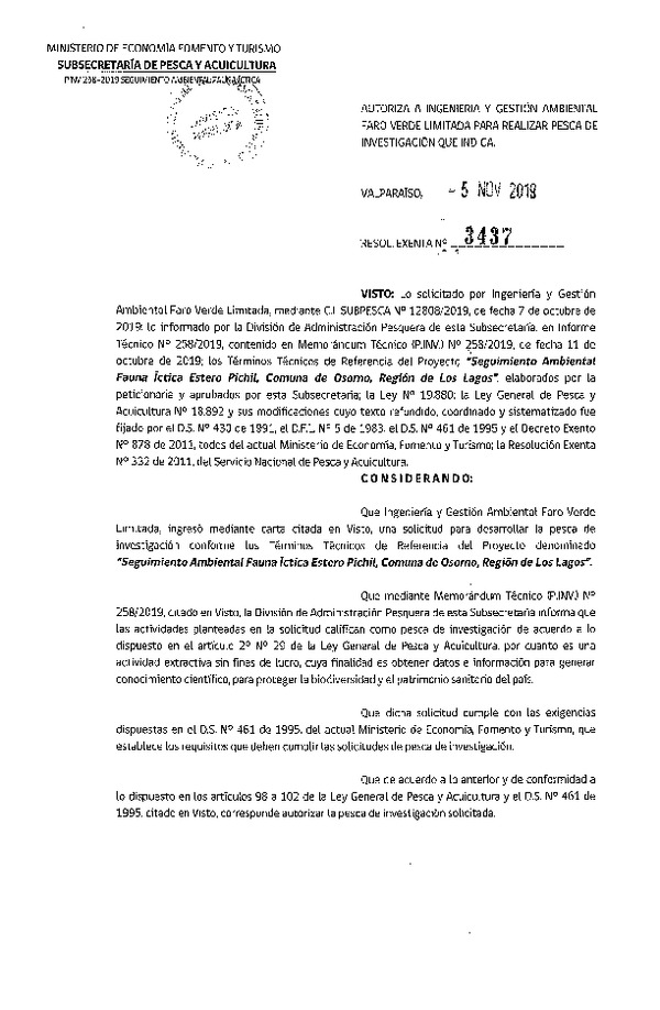 Res. Ex. N° 3437-2019 Seguimiento ambiental, Región de Los Lagos.