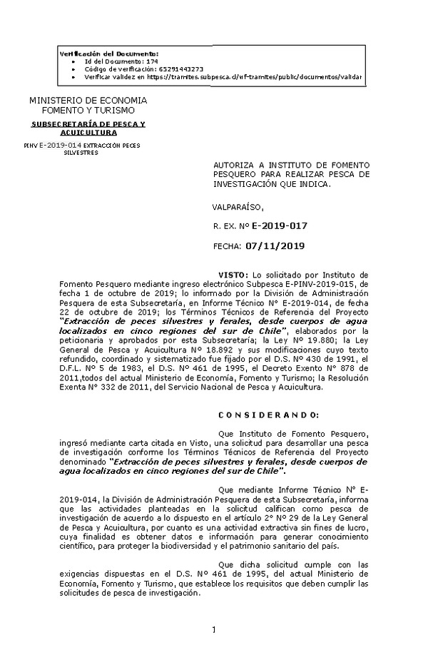 R. EX. Nº E-2019-017 Extracción de peces silvestres y ferales, desde cuerpos de agua localizados en cinco regiones del sur de Chile.