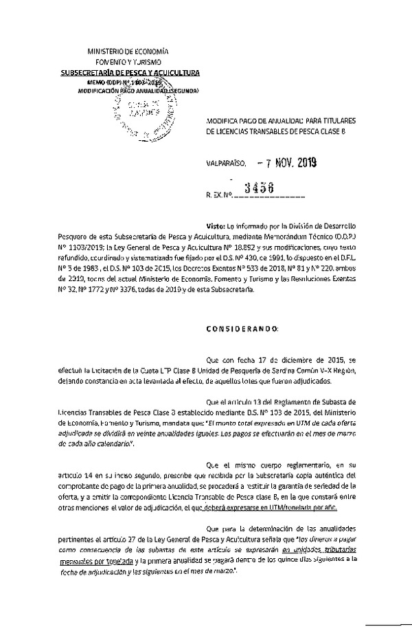 Res. Ex. N° 3456-2019 Modifica pago de anualidad para titulares de LTP Clase B. (Publicado en Página Web 12-11-2019) (F.D.O. 19-11-2019)