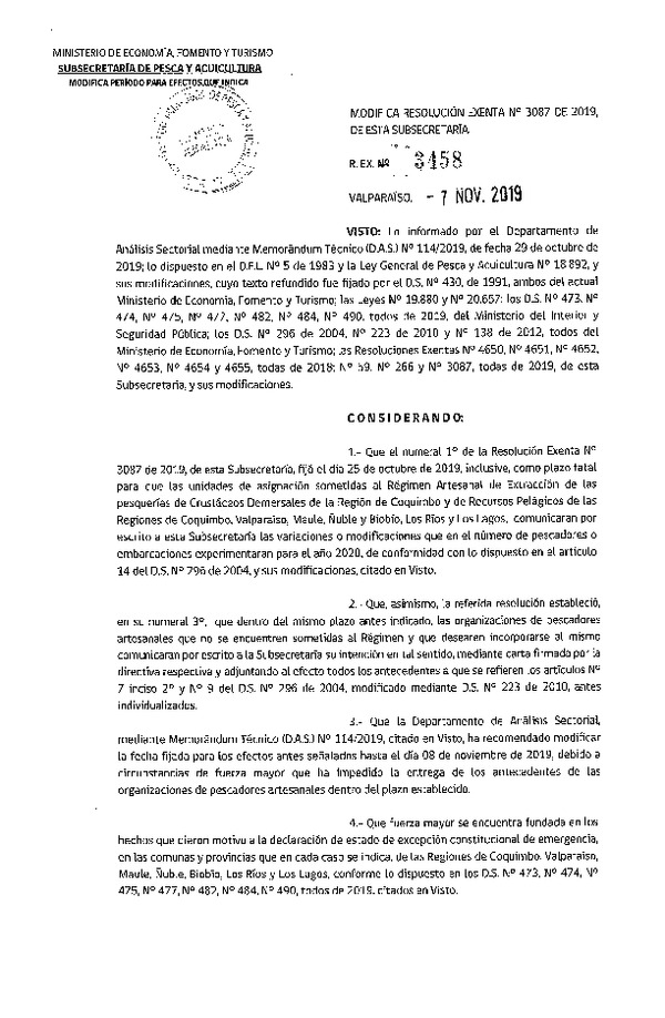 Res. Ex. N° 3458-2019 Modifica Res. Ex. N° 3087-2019 Establece período para los efectos previstos en el Articulo 14 del D.S. N° 296 de 2004. (Publicado en Página Web  12-11-2019) (F.D.O. 19-11-2019)