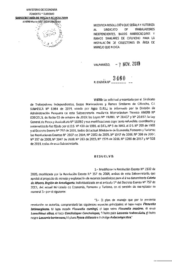 Res. Ex. N° 3460-2019 Modifica Res. Ex. N° 2302-2005.