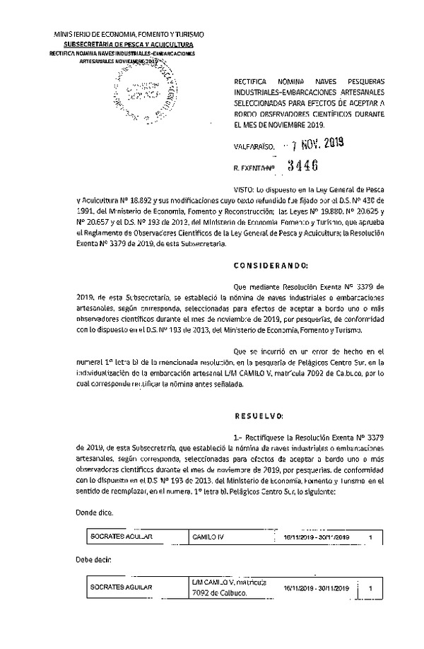 Res. Ex. N° 3446-2019 Rectifica Res. Ex. Nº 3379-2019 Naves mes de noviembre de 2019.