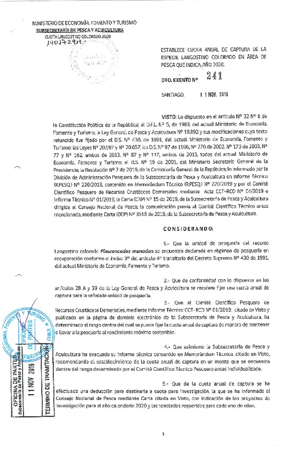 Dec. Ex. N° 241-2019 Establece cuota anual de captura de la especie Langostino Colorado en área de pesca que indica, año 2020. (Publicado en Página Web 13-11-2019) (F.D.O. 18-11-2019)