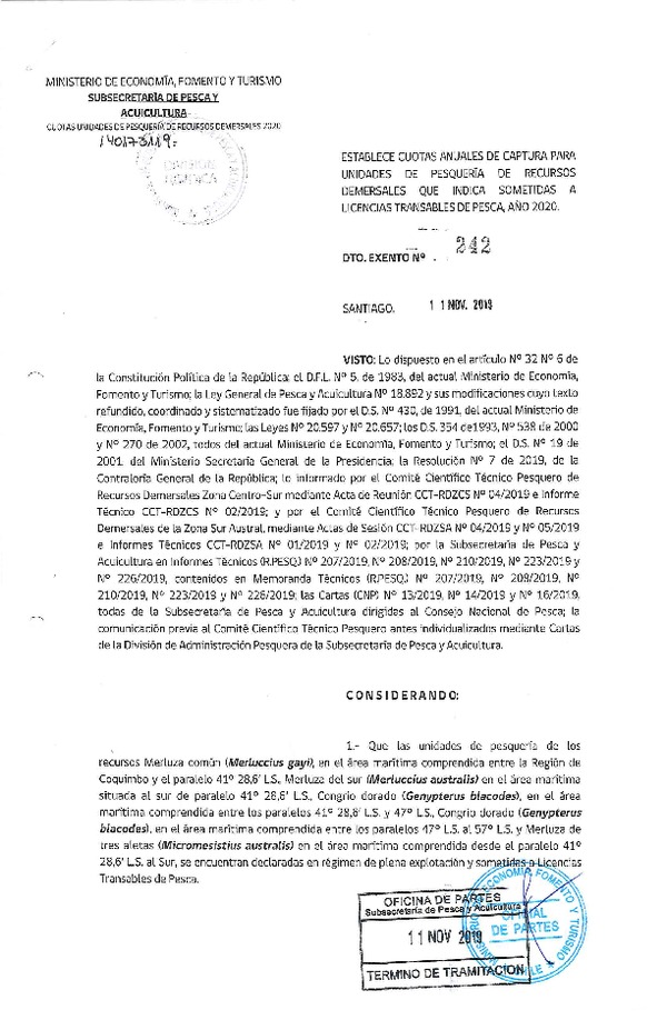 Dec. Ex. N° 242-2019 Establece Cuotas Anuales de Captura de Unidades de Pesquería de Recursos Demersales, Sometidas a Licencias Transables de Pesca, Año 2020. (Publicado en Página Web 13-11-2019) (F.D.O. 18-11-2019)