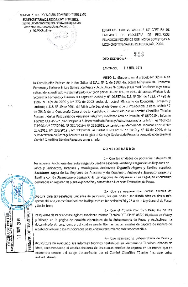 Dec. Ex. N° 243-2019 Establece Cuotas Anuales de Captura de Unidades de Pesquerías de Recursos Pelágicos Pequeños que Indica Sometidas a LTP, Año 2020. (Publicado en Página Web 13-11-2019) (F.D.O. 18-11-2019)