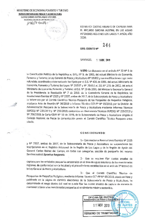 Dec. Ex. N° 244-2019 Establece Cuotas Anuales de Captura para el Recurso Sardina Austral en las Aguas Interiores Regiones de Los Lagos y Aysén, Año 2020. (Publicado en Página Web 13-11-2019) (F.D.O. 18-11-2019)
