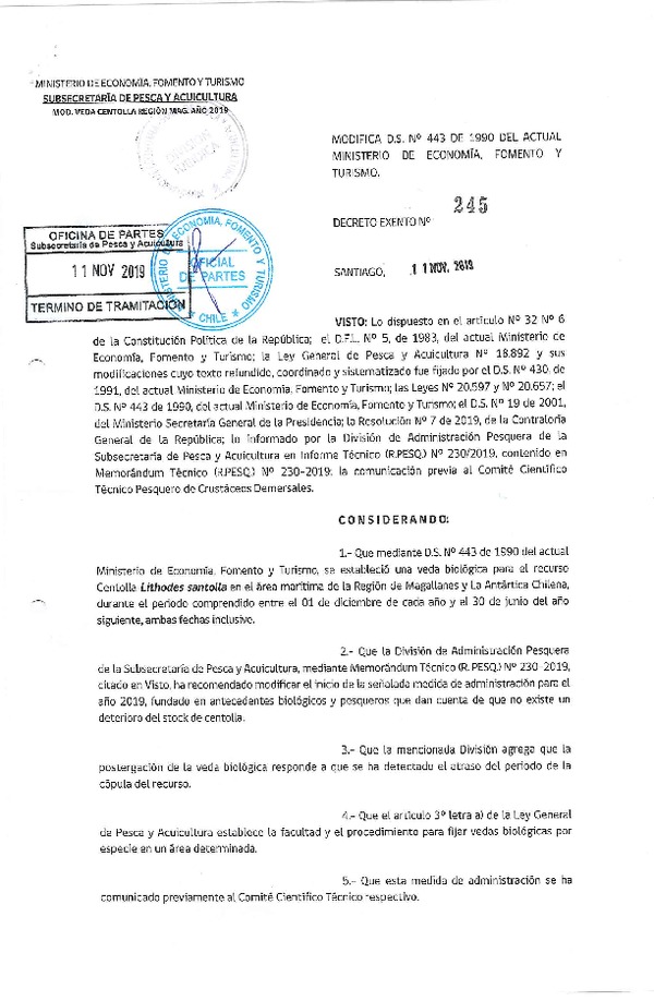 Dec. Ex. N° 245-2019 Modifica D.S. N° 443-1990 Veda Biológica Recurso Centolla, Región de Magallanes. (Publicado en Página Web 13-11-2019) (F.D.O. 18-11-2019)