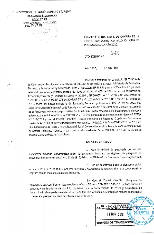 Dec. Ex. N° 240-2019 Establece cuota anual de captura de la especie Langostino Amarillo en área de pesca que indica, año 2020. (Publicado en Página Web 13-11-2019) (F.D.O. 18-11-2019)