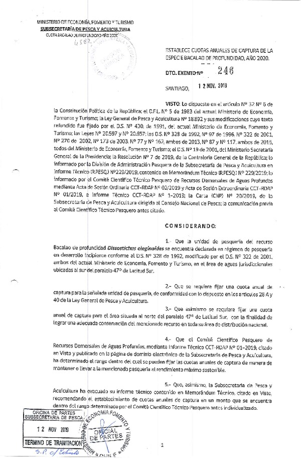 Dec. Ex. N° 246-2019 Establece Cuotas Anuales de Captura Especie Bacalao de Profundidad, Año 2020. (Publicado en Página Web 13-11-2019) (F.D.O. 18-11-2019)