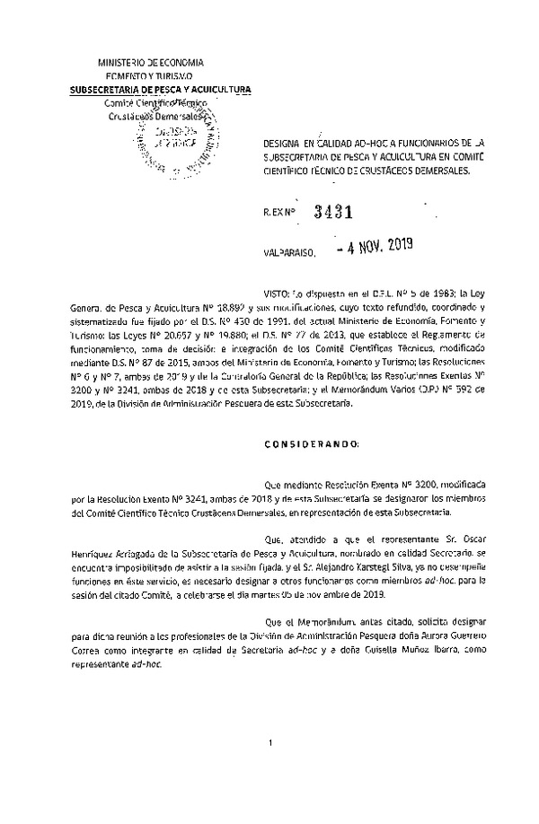 Res. Ex. N° 3431-2019 Designa en Calidad Ad-Hoc a Funcionarios de la Subsecretaría de Pesca y Acuicultura en Comité Científico Técnico de Crustáceos Demersales. (Publicado en Página Web 05-11-2019)