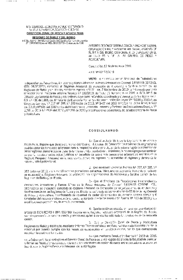 Res. Ex. N° 152-2019 (DZP VIII) Autoriza cesión Anchoveta y sardina común Regiones de Ñuble y del Biobío.