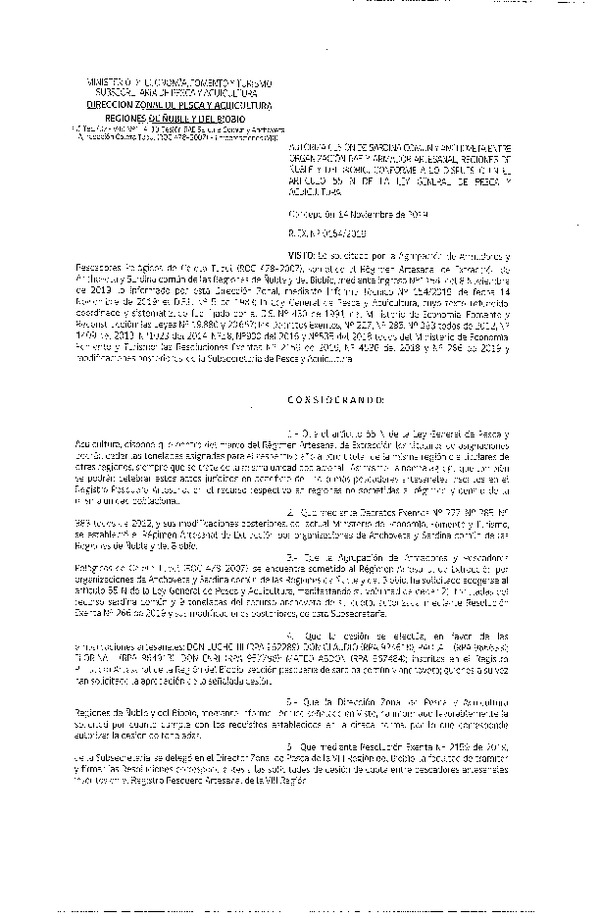 Res. Ex. N° 154-2019 (DZP VIII) Autoriza cesión Anchoveta y sardina común Regiones de Ñuble y del Biobío.