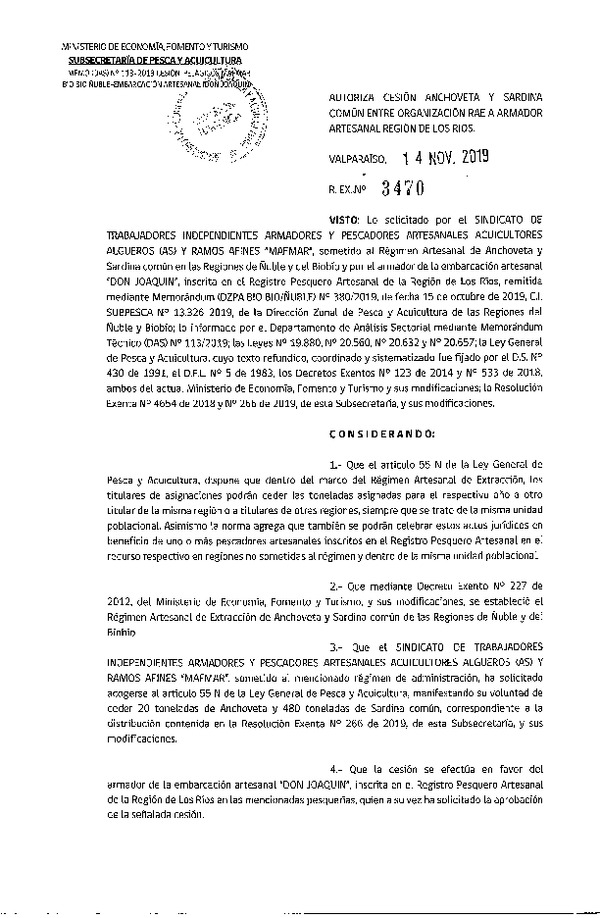 Res. Ex. N° 3470-2019 Autoriza cesión Anchoveta y sardina común Región de Los Ríos.
