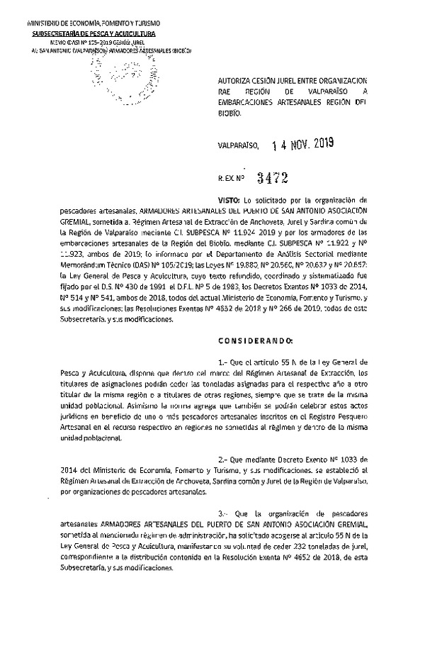 Res. Ex. N° 3472-2019 Autoriza cesión Jurel Región de Valparaíso a Región del Biobío.