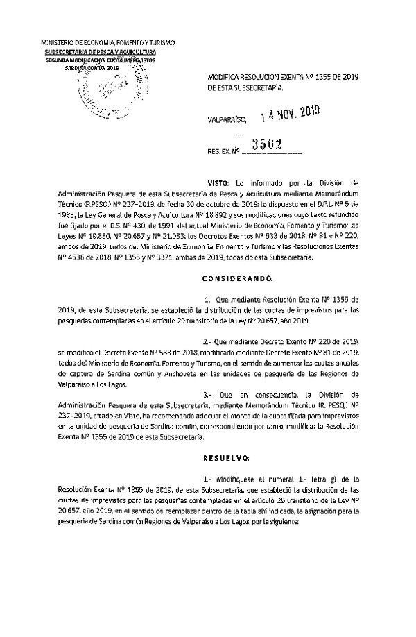 Res. Ex. N° 3502-2019 Modifica Res. Ex. N° 1355-2019 Establece Criterios para la Asignación de la Cuota para Imprevistos del Artículo 3° de la Ley General de Pesca y Acuicultura Años 2019 a 2021. (Publicado en Página Web 18-11-2019) (F.D.O. 22-11-2019)