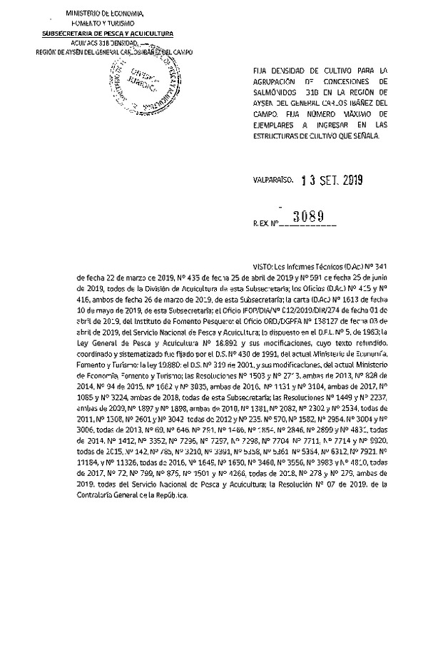 Res. Ex. N° 3089-2019 Fija Densidad de Cultivo para la Agrupación de Concesiones de Salmónidos 31B, Región de Aysén del General Carlos Ibañez del Campo. (Con Informe Técnico)