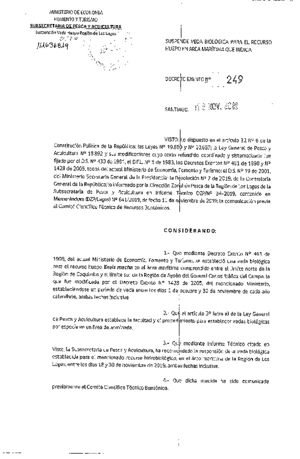 Dec. Ex. N° 249-2019 Modifica Dec. Ex. N° 461-1998 Que Estableció Veda Biológica para el Recurso Huepo, IV-XI Región. (Publicado en Página Web 19-11-2019) (F.D.O. 22-11-2019)