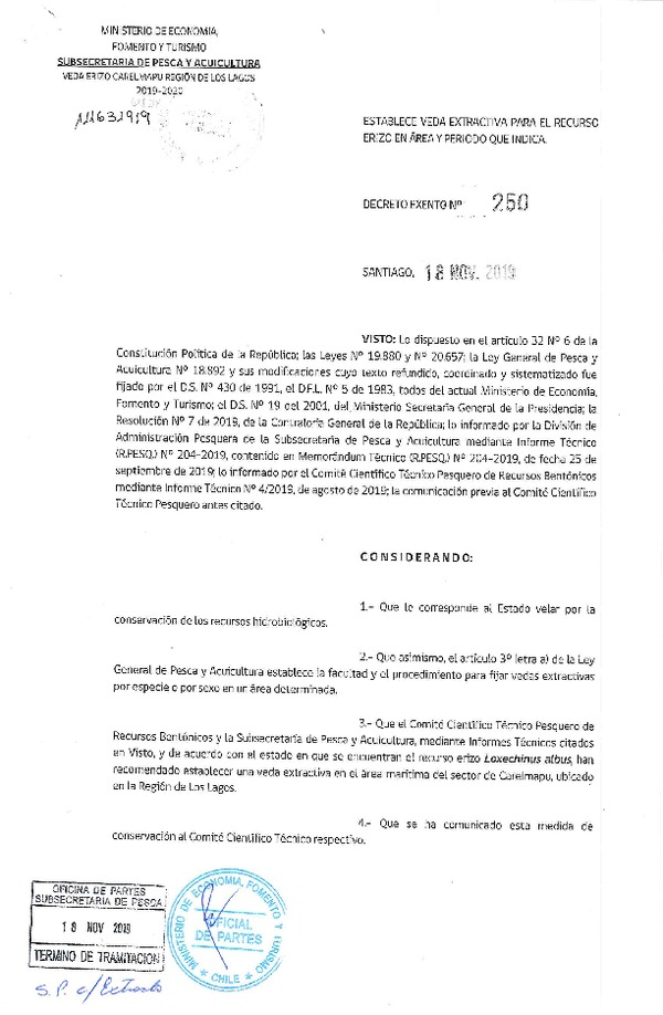 Dec. Ex. N° 250-2019 Establece Veda Extractiva para el Recurso Erizo, Región de Los Lagos. (Publicado en Página Web 19-11-2019) (F.D.O. 22-11-2019)