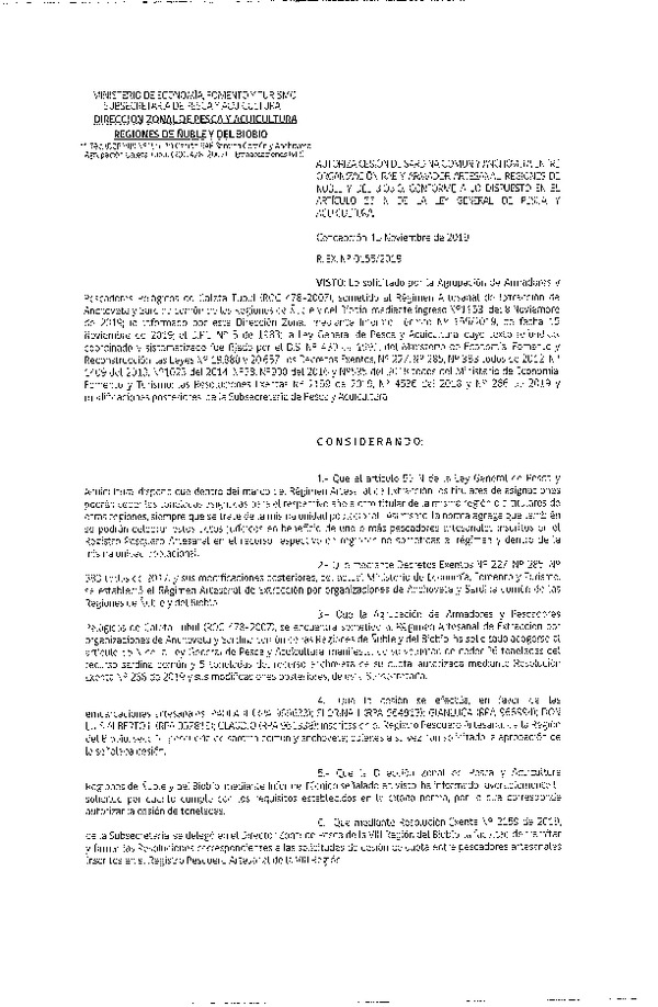 Res. Ex. N° 155-2019 (DZP VIII) Autoriza cesión Anchoveta y sardina común Regiones de Ñuble y del Biobío.