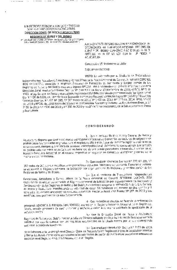 Res. Ex. N° 156-2019 (DZP VIII) Autoriza cesión Anchoveta y sardina común Regiones de Ñuble y del Biobío.
