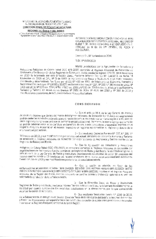Res. Ex. N° 158-2019 (DZP VIII) Autoriza cesión Anchoveta y sardina común Regiones de Ñuble y del Biobío.