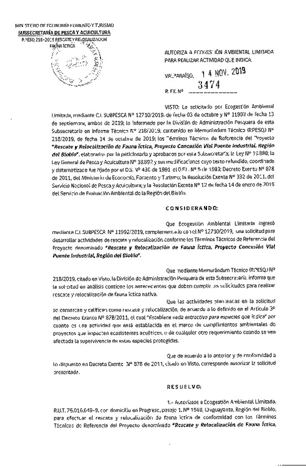 Res. Ex. N° 3474-2019 Rescate y relocalización fauna íctica.
